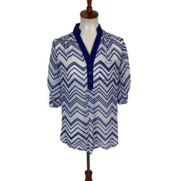 Takara Womens Blouse Small Blue White Top Printed Boho Workwear Chic - Picture 1 of 5